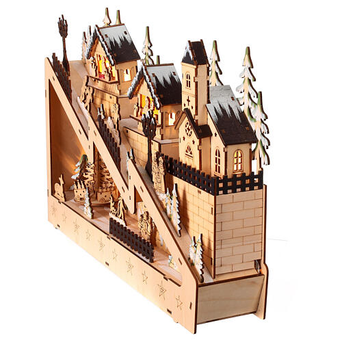 Christmas village snowy slope wooden church moving lights 30x45x10 cm 4