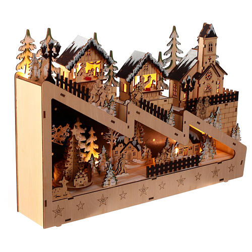 Christmas village snowy slope wooden church moving lights 30x45x10 cm 5