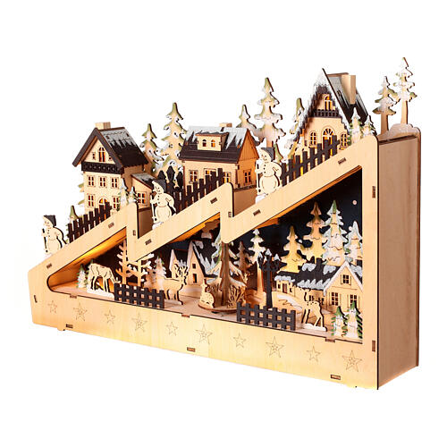 Wooden Christmas village set: snowy slope with lights and motion, 12x18x4 in 3