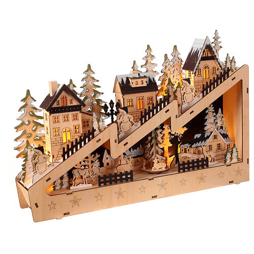 Wooden Christmas village set: snowy slope with lights and motion, 12x18x4 in 4