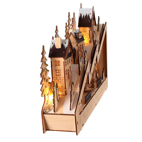 Wooden Christmas village set: snowy slope with lights and motion, 12x18x4 in 5