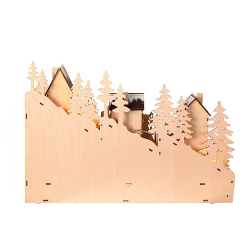 Wooden Christmas village set: snowy slope with lights and motion, 12x18x4 in 6