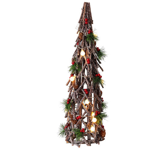 Crisscrossed wooden tree, h 24 in, 15 LED balls, berries and pinecones 1