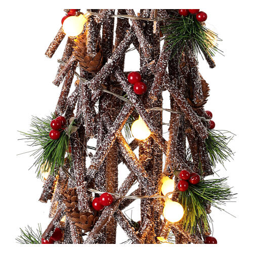 Crisscrossed wooden tree, h 24 in, 15 LED balls, berries and pinecones 2