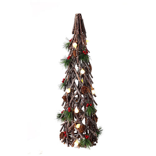 Crisscrossed wooden tree, h 24 in, 15 LED balls, berries and pinecones 3