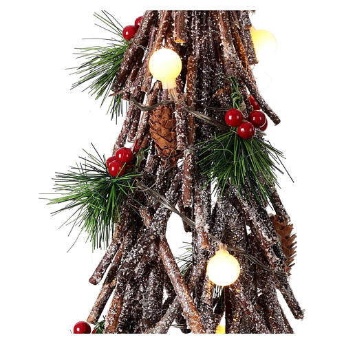 Crisscrossed wooden tree, h 24 in, 15 LED balls, berries and pinecones 4