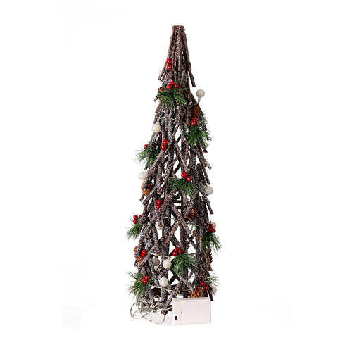 Albero legno intrecciato h 60 cm 15 sfere LED bacche pigne 5