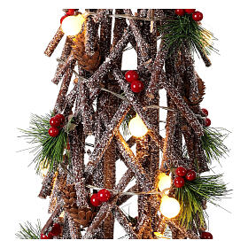 Woven wooden tree h 60 cm 15 LED spheres berries pine cones