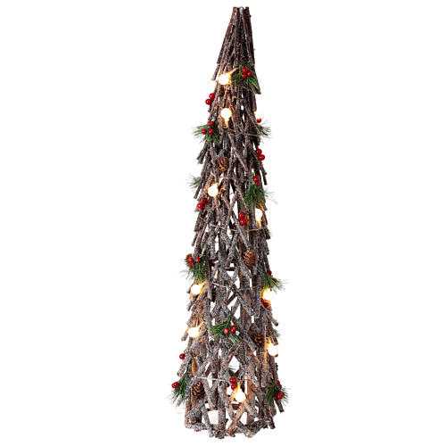 Tree of crisscrosses wood, h 32 in, 20 LED balls, berries and pinecones 1