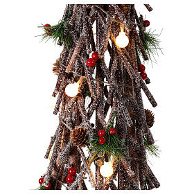 Árbol madera entrelazado 80 cm bayas piñas purpurina 20 LED