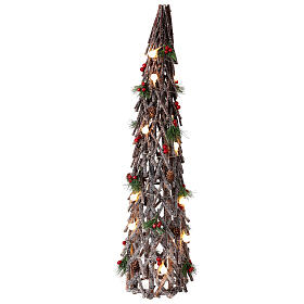 Sapin bois croisés 80 cm baies pommes de pin paillettes 20 LEDs