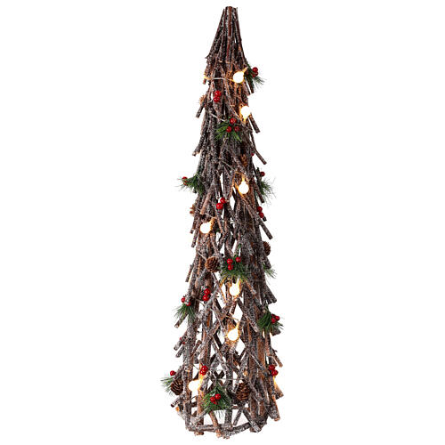 Sapin bois croisés 80 cm baies pommes de pin paillettes 20 LEDs 3