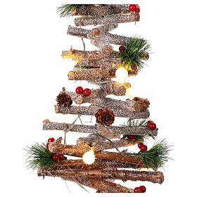 Weihnachtsbaum Spirale aus Holz – Höhe 55 cm, 10 LED-Kugeln, Beeren und Zapfen, nur für innen