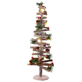 Sapin Noël spirale bois 55 cm 10 lumières LEDs blanc pommes de pin baies