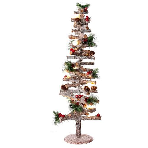 Sapin Noël spirale bois 55 cm 10 lumières LEDs blanc pommes de pin baies 3