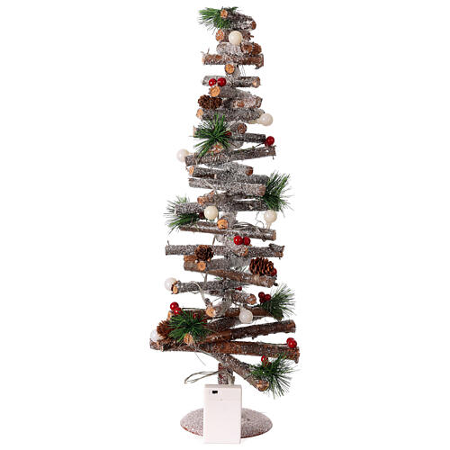 Sapin Noël spirale bois 55 cm 10 lumières LEDs blanc pommes de pin baies 4