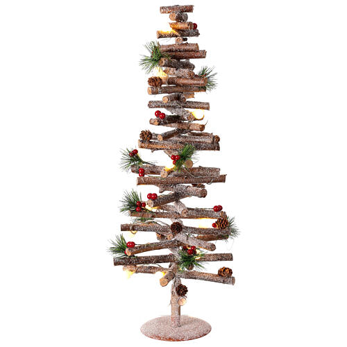 Spiral tree, glittery wood with pinecones and berries, 15 warm white LEDs, 28 in 3