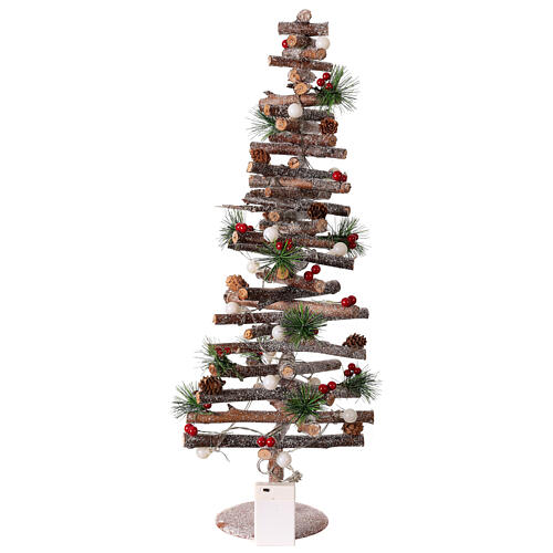 Spiral tree, glittery wood with pinecones and berries, 15 warm white LEDs, 28 in 4