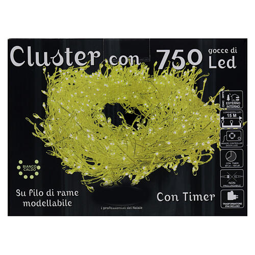 Catena cluster 750 gocce LED bianco caldo timer int est 15 metri 3