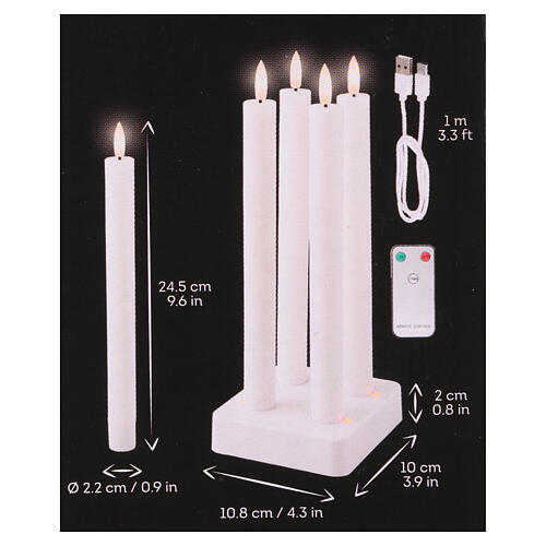 Zestaw 4 świec woskowych LED, ładowalne, białe, h 25 cm - do wnętrz 4