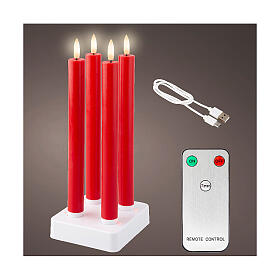 Set of four red candles for indoor, rechergeable LEDs, h 9.5 in