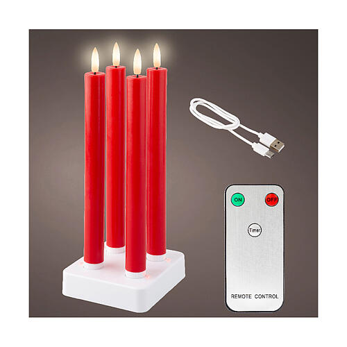 Set of four red candles for indoor, rechergeable LEDs, h 9.5 in 1