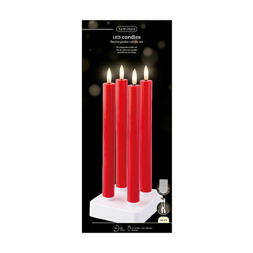 Set of four red candles for indoor, rechergeable LEDs, h 9.5 in 2