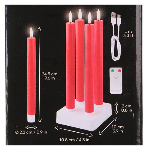 Set of four red candles for indoor, rechergeable LEDs, h 9.5 in 4