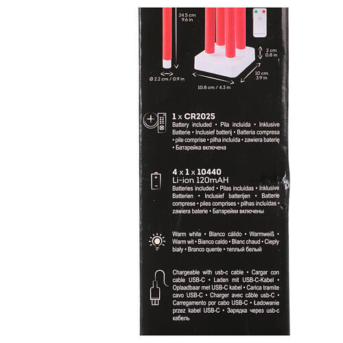 Set of four red candles for indoor, rechergeable LEDs, h 9.5 in 5