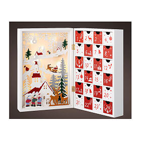 White and gold LED Advent Calendar with setting, 10x14x4 in