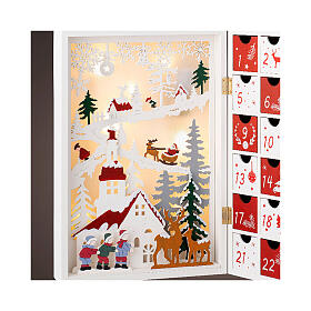 White and gold LED Advent Calendar with setting, 10x14x4 in