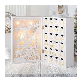 White and gold LED Advent Calendar with setting, 10x14x4 in