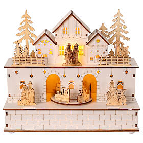 Wooden Christmas setting, natural colour and warm white lights, 10x8x4 in