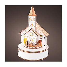 Christmas setting with church and train, wood and white LEDs, 10x6 in