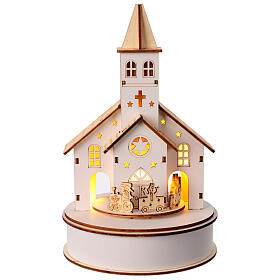 Christmas setting with church and train, wood and white LEDs, 10x6 in