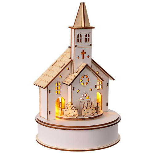 Christmas setting with church and train, wood and white LEDs, 10x6 in 4