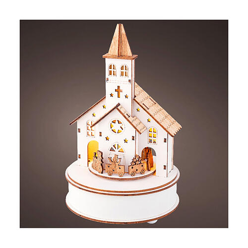Scenario Natale chiesa trenino 25x15 cm bianco LED legno 1
