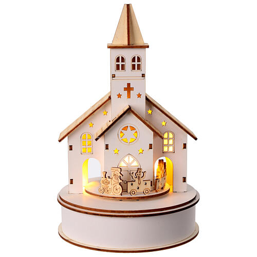 Scenario Natale chiesa trenino 25x15 cm bianco LED legno 2