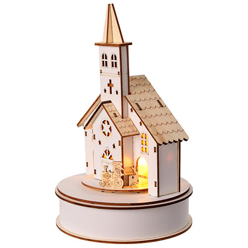 Scenario Natale chiesa trenino 25x15 cm bianco LED legno 3