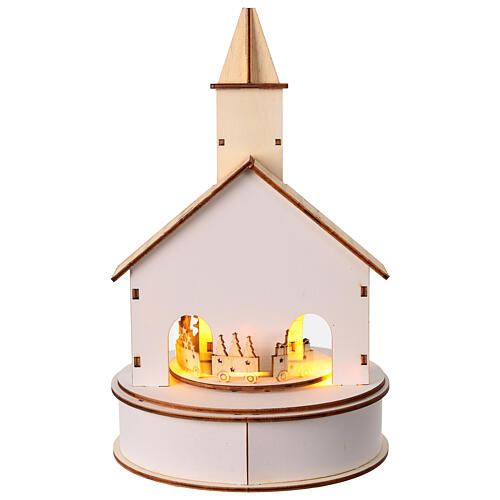 Scenario Natale chiesa trenino 25x15 cm bianco LED legno 5