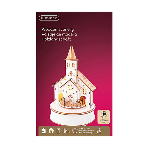 Scenario Natale chiesa trenino 25x15 cm bianco LED legno 6