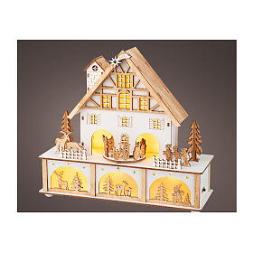 Weihnachtsszene aus Holz mit LED-Beleuchtung, Haus in Natur und Warmweiß, 25 × 25 × 10 cm