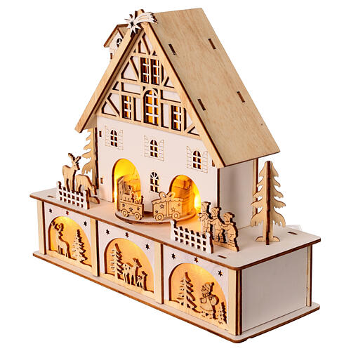 Weihnachtsszene aus Holz mit LED-Beleuchtung, Haus in Natur und Warmweiß, 25 × 25 × 10 cm 3