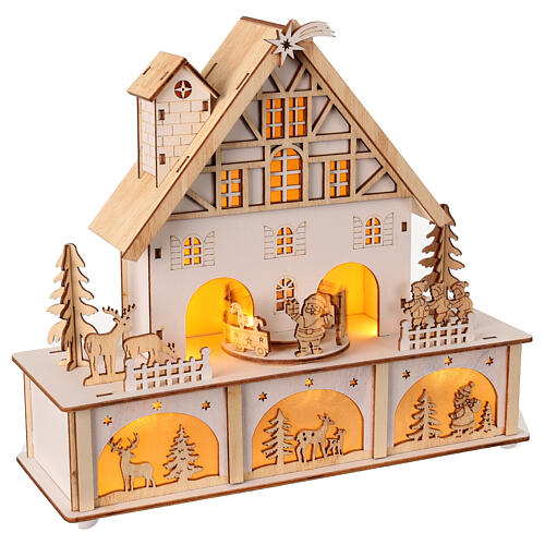 Weihnachtsszene aus Holz mit LED-Beleuchtung, Haus in Natur und Warmweiß, 25 × 25 × 10 cm 4