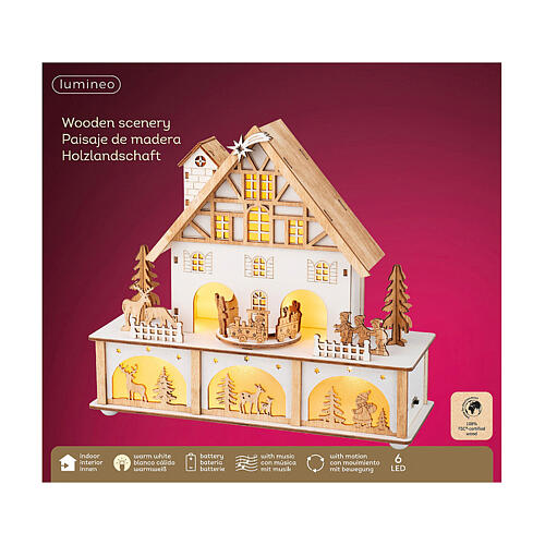 Weihnachtsszene aus Holz mit LED-Beleuchtung, Haus in Natur und Warmweiß, 25 × 25 × 10 cm 6