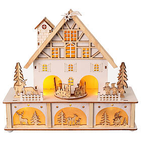 Christmas setting: wooden house with warm lights, 10x10x4 in