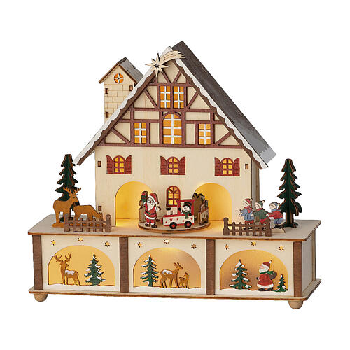 Colourful Christmas setting, 10x10x4 in, wooden house with figurines 3