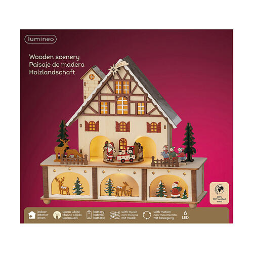 Colourful Christmas setting, 10x10x4 in, wooden house with figurines 4