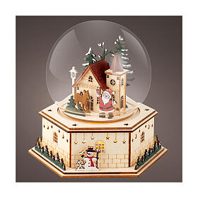 Schneekugel mit Weihnachtsmann, Schneemann und Kirche – Holz, LEDs, H 17,5 cm