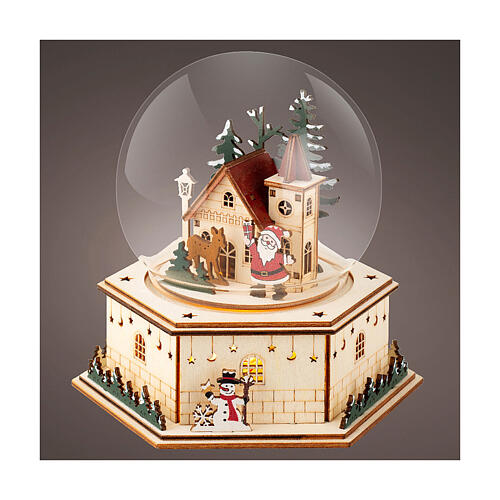 Schneekugel mit Weihnachtsmann, Schneemann und Kirche – Holz, LEDs, H 17,5 cm 1